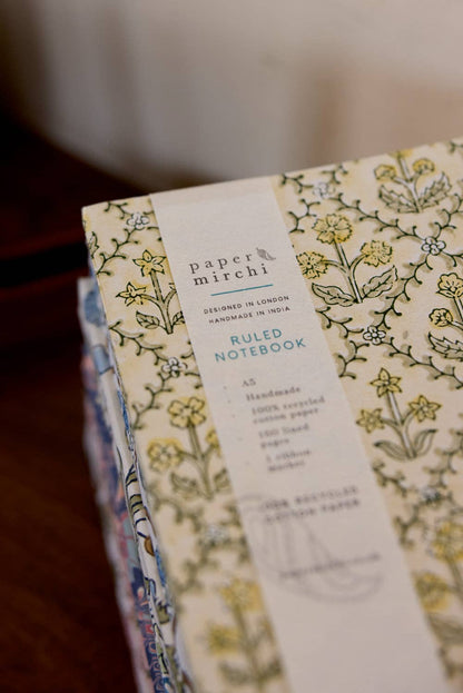 Block Printed Ruled Notebook (A5) - Floral Lattice Buttercream