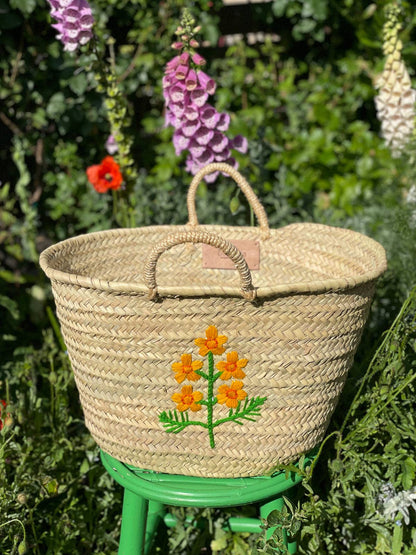 Hand Embroidered Market Basket, Cosmos