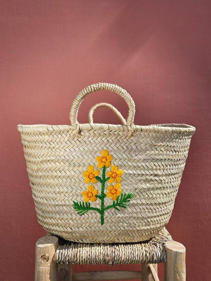 Hand Embroidered Market Basket, Cosmos