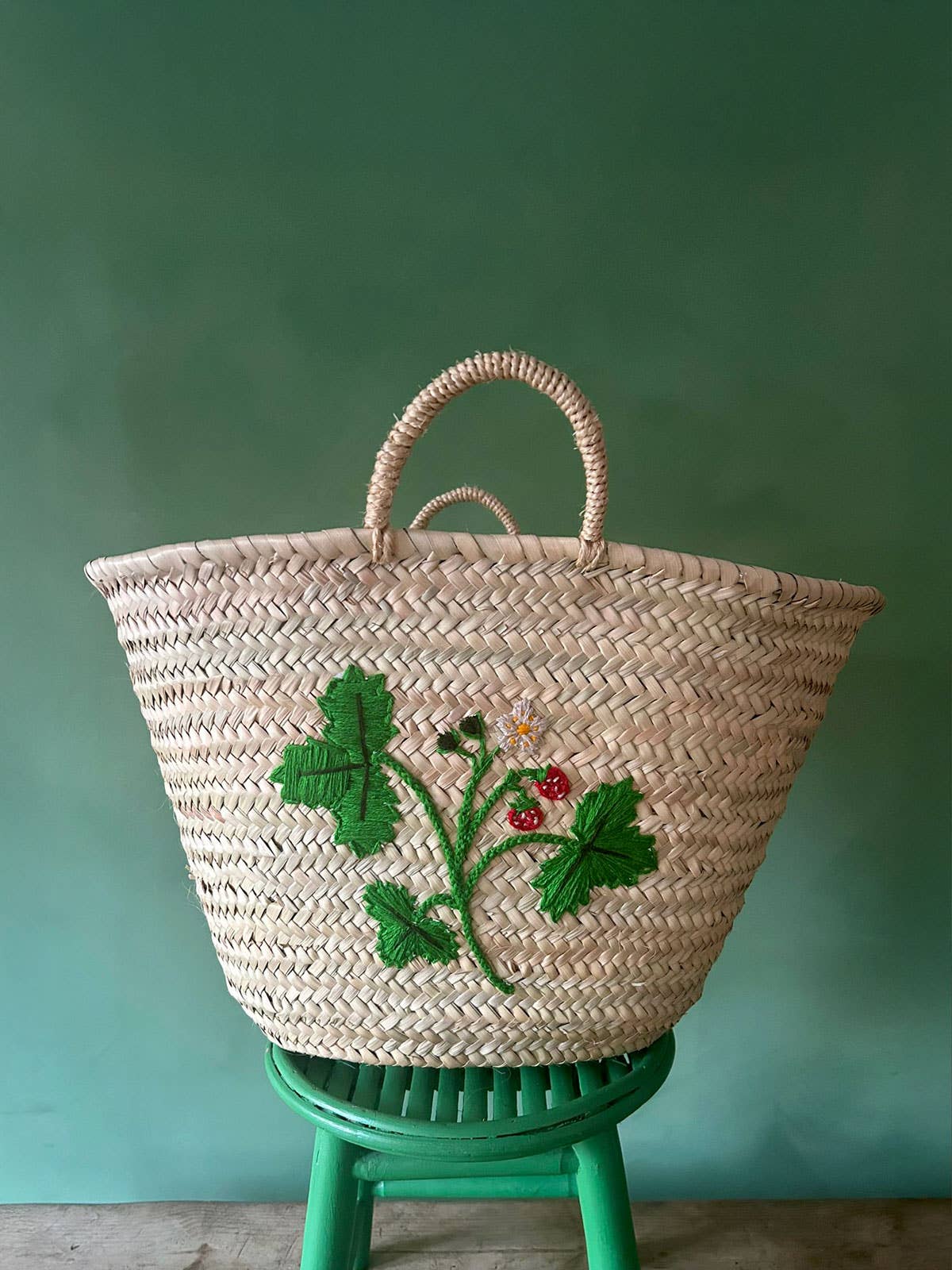 Hand Embroidered Market Basket, Wild Strawberry
