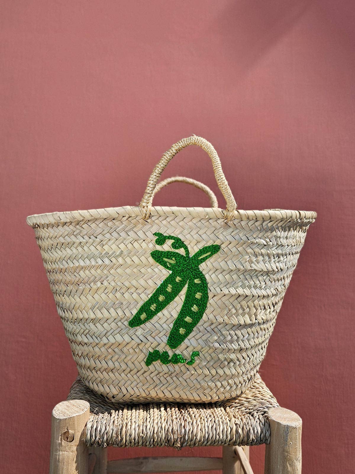 Hand Embroidered Market Basket, Peas