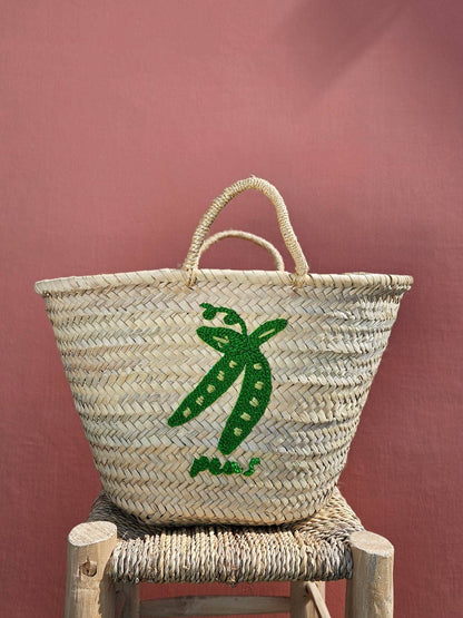 Hand Embroidered Market Basket, Peas