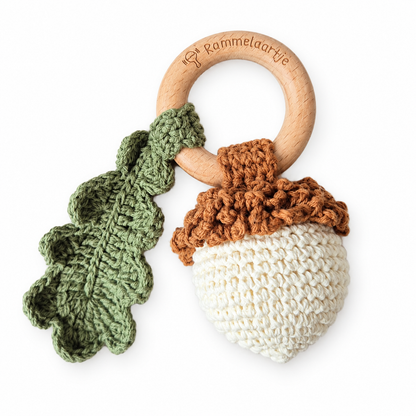 Acorn Handmade Crochet Baby Toy Rattle on Beech Wood Ring Gift