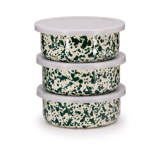 3 Storage Bowl Set Splatterware Green & Cream Enamelware