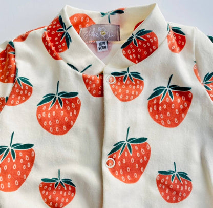Strawberries & Cream Organic Cotton Baby Sleep Suit Onesie Newborn - 12m