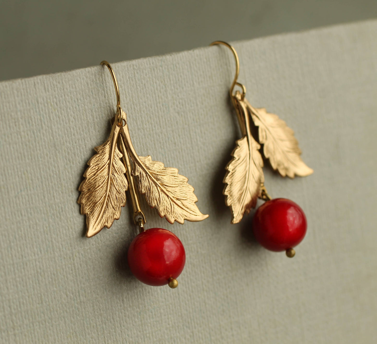 Vintage Glass & Solid Brass Red Cherry Earrings