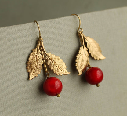 Vintage Glass & Solid Brass Red Cherry Earrings
