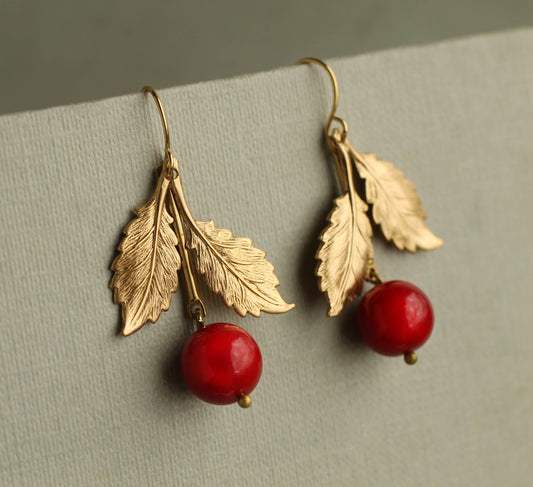 Vintage Glass & Solid Brass Red Cherry Earrings