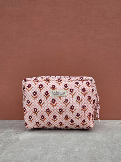 Medium Daisy Check Block Printed Cosmetic Wash Bag Handmade in India