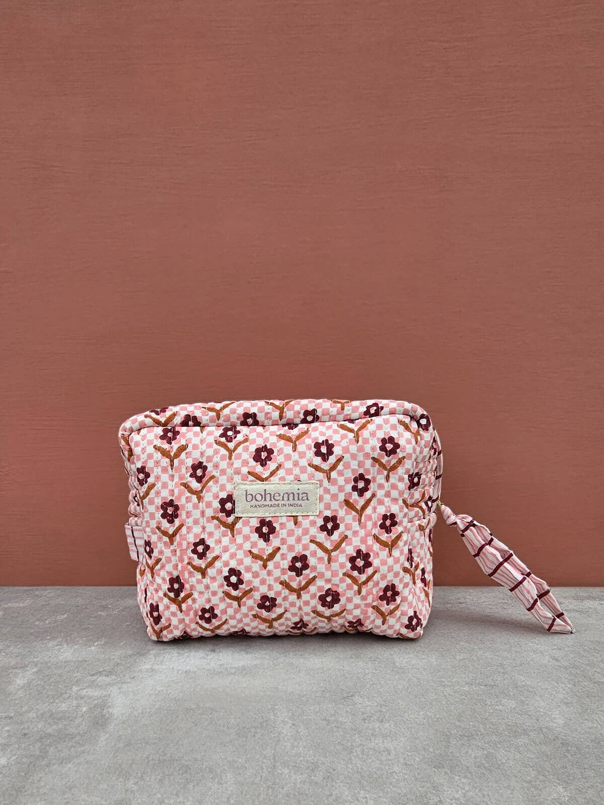 Medium Daisy Check Block Printed Cosmetic Wash Bag Handmade in India