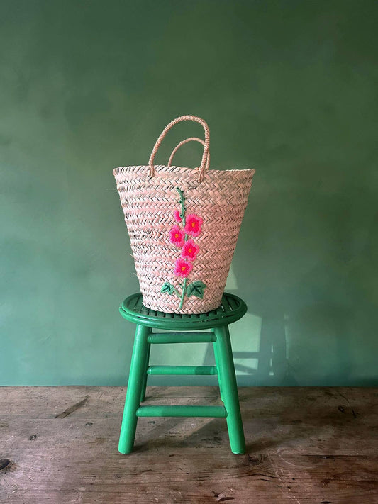 Hand Embroidered Basket, Hollyhock