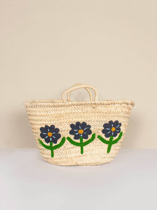 Hand Embroidered Market Basket, Blue Daisy